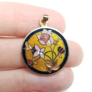 Vintage Pink Floral Enamel Pendant, Yellow Background, Retro Colorful Charm